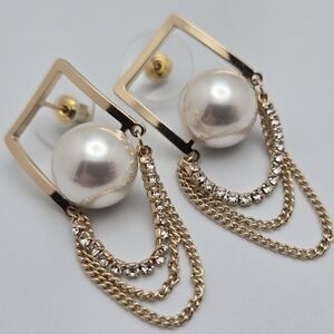 925 Sterling Silver Faux Pearl Square Dangle Earrings w/Tassel Modern Bride
